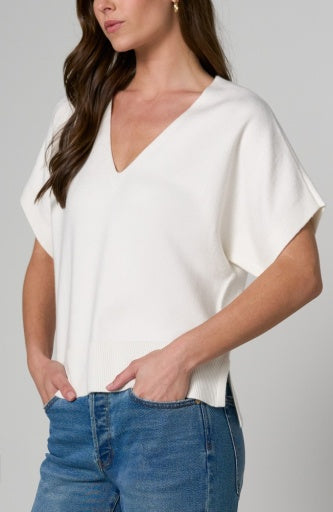 Short Sleeve V-Neck Dolman Popover Sweater with Step Hem - Java