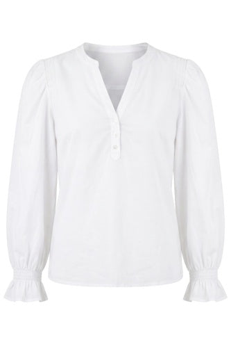 3/4 Sleeve Knit-to-Woven Top with Smocking - White