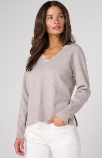 Lace trim V-neck sweater from Liverpool Jeans, featuring a soft knit fabric and delicate lace details on the neckline.