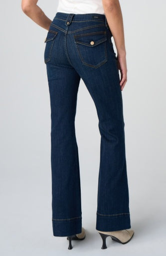 Liverpool Jeans Hannah Outlaw Flare bottoms with 30-inch inseam, shown in dark denim with a high-waisted fit and flared leg style.
