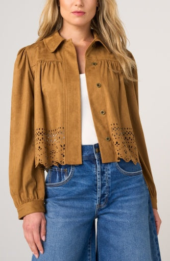 Liverpool Jeans puff sleeve jacket with laser cut hem, stylish women's tops featuring a trendy silhouette and textured details.