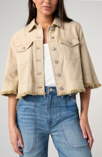 Liverpool Jeans 3/4 sleeve frayed flounce jacket, stylish women's top with frayed edges and flounce design, displayed on a hanger.