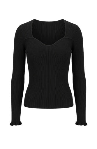 Liverpool Jeans long sleeve sweetheart neck sweater with ruffle detail, stylish women’s top perfect for casual or dressy occasions.
