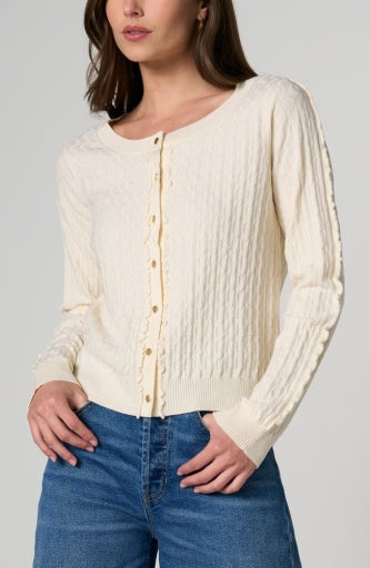 Long Sleeve Button-Front Cardigan Sweater with Ruffles - Cream