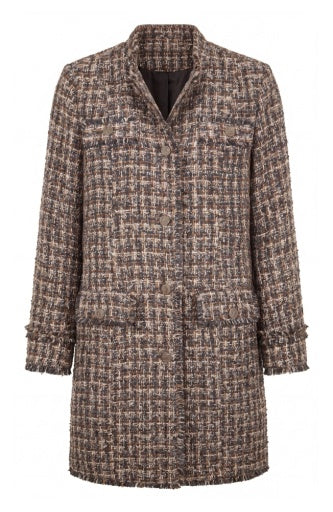 Liverpool Jeans mandarin collar tweed coat, stylish tops with textured fabric and tailored fit, displayed on a hanger.