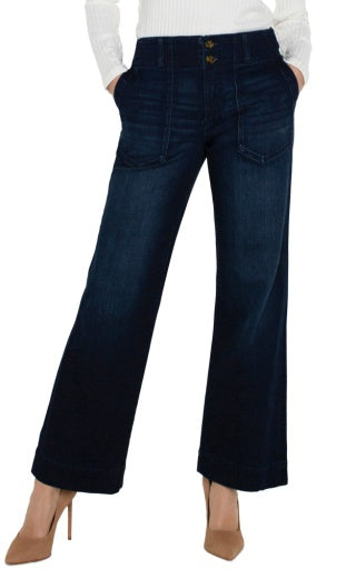 Liverpool Jeans patch pocket wide-leg bottoms with 31-inch inseam, featuring a relaxed fit and classic denim style.