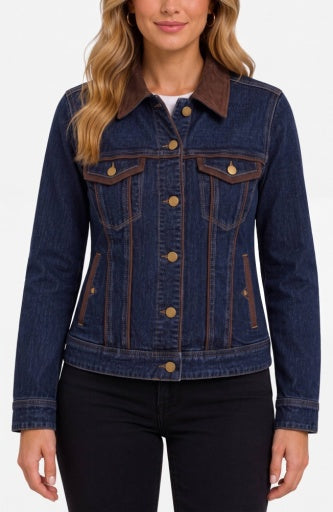 Liverpool Jeans classic trucker top with velvet detailing, showcasing a casual denim style with stylish velvet accents.