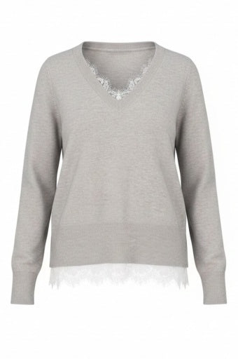 Lace trim V-neck sweater from Liverpool Jeans, featuring a soft knit fabric and delicate lace detailing at the neckline.