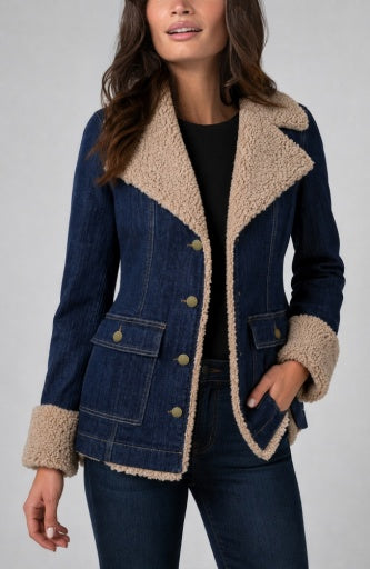 Liverpool Jeans sherpa trimmed denim jacket, casual tops with cozy sherpa accents and classic denim design.