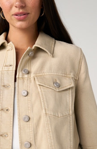 Liverpool Jeans 3/4 sleeve frayed flounce jacket, stylish tops with a casual fit and distressed hem, perfect for layered outfits.