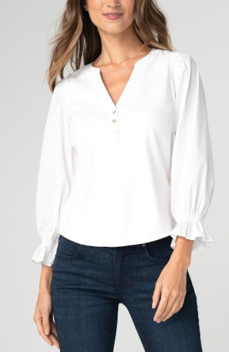 3/4 Sleeve Knit-to-Woven Top with Smocking - White