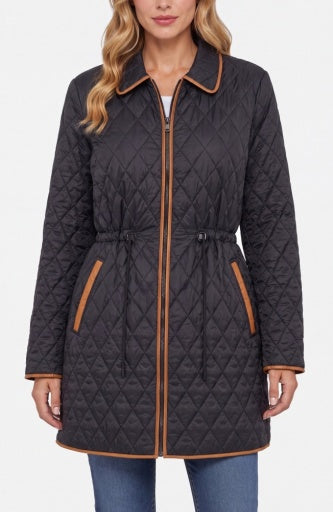 Liverpool Jeans zip front quilted coat with cinched waist, stylish long sleeve top perfect for chilly days.