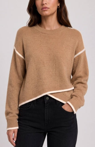 Liverpool Jeans long sleeve crewneck sweater with cream tulip hem, soft knit top for a stylish and comfortable look.