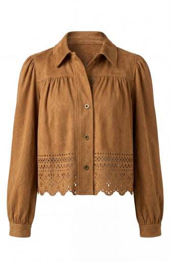 Liverpool Jeans puff sleeve jacket featuring a laser cut hem, stylish top with textured sleeves and intricate cutout details.