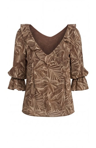 Liverpool Jeans long sleeve woven blouse with double ruffle V-neck, featuring a stylish, feminine design.