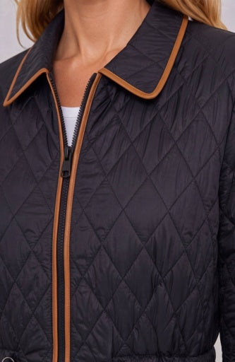 Liverpool Jeans zip front quilted coat with a cinched waist, stylish tops featuring a modern, padded design and cozy fit.