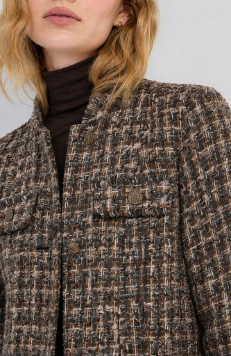Liverpool Jeans Mandarin Collar Tweed Coat, stylish women's tops featuring a classic tweed design and Mandarin collar detail.