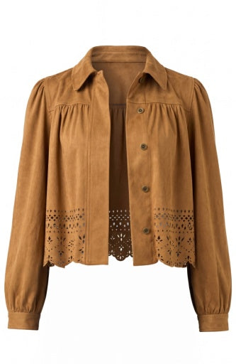 Liverpool Jeans puff sleeve jacket with laser cut hem, stylish top featuring puffed sleeves and intricate cutout detailing.