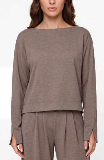 Long sleeve boatneck top from Liverpool Jeans, featuring a fitted style and classic neckline, shown in a neutral color.