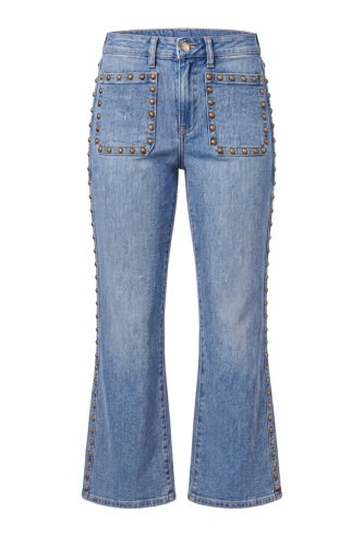 Liverpool Jeans Hannah flare bottoms with patch pockets and metal studs, featuring a stylish, flared design and fitted waist.