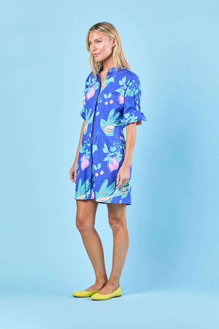 Sheridan French Parker Songbird Dress displayed on a hanger, showcasing its vibrant floral pattern and elegant design.