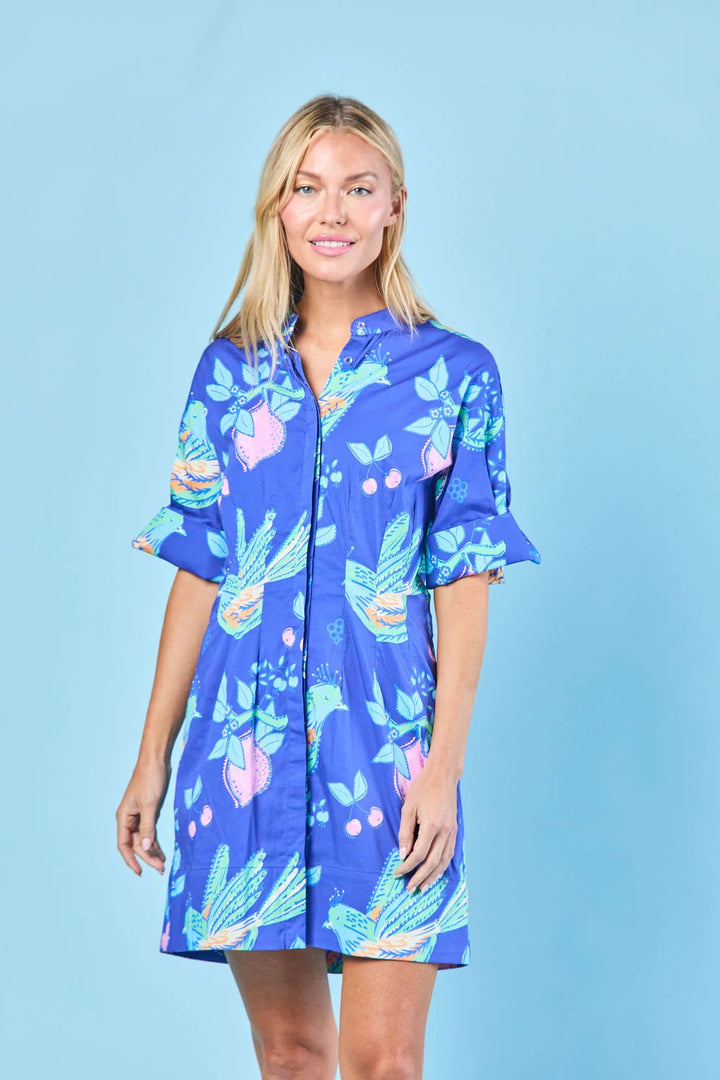 Sheridan French Parker Songbird Dress shown on a hanger with floral pattern and elegant design.