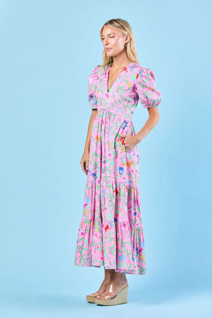 Sheridan French Margot Wildflower Dress shown in a flowing, floral dress with vibrant wildflower print and feminine design.