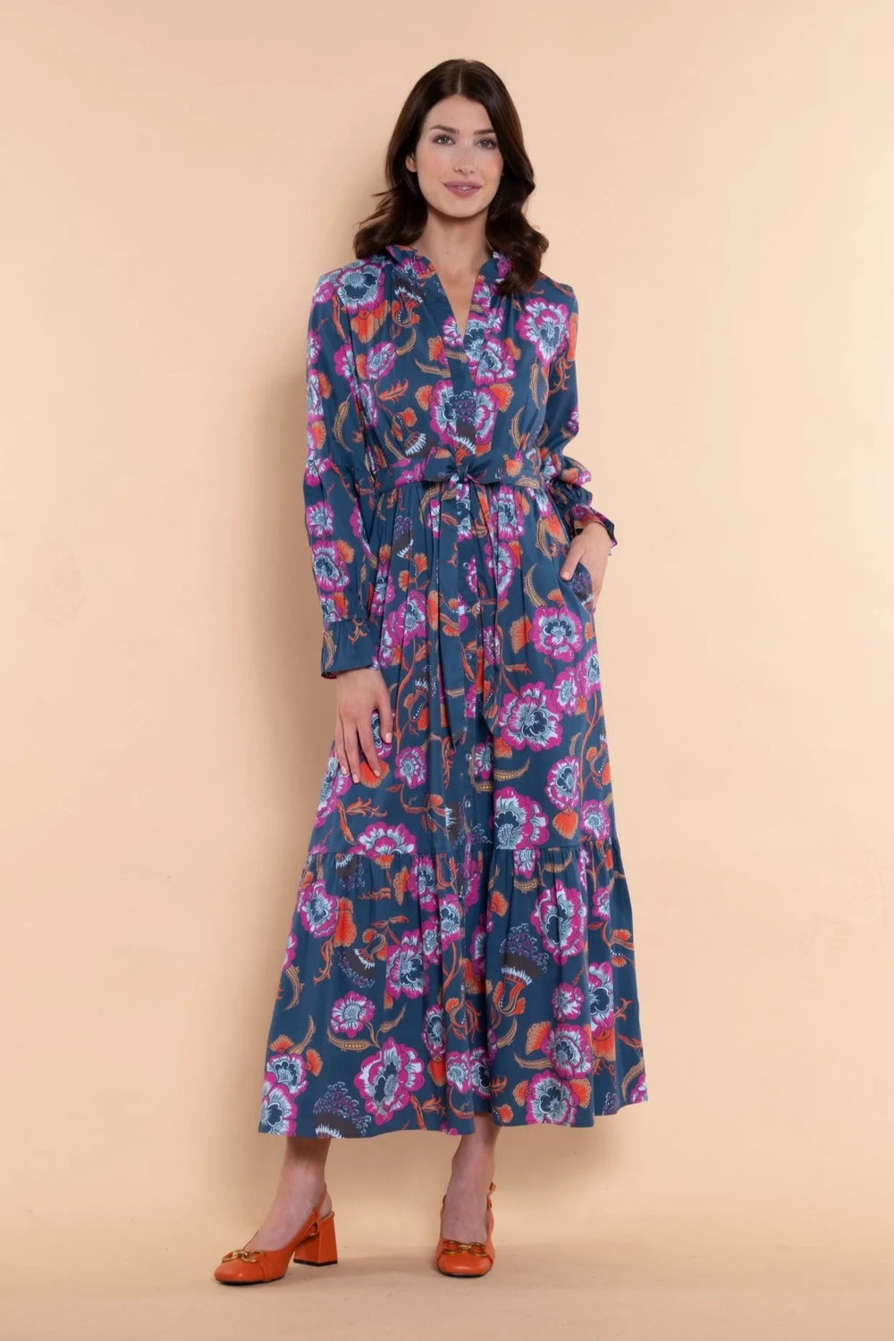 Sheridan French Britt Twilight Flora dress with floral pattern, sleeveless design, and elegant fit displayed in the image.