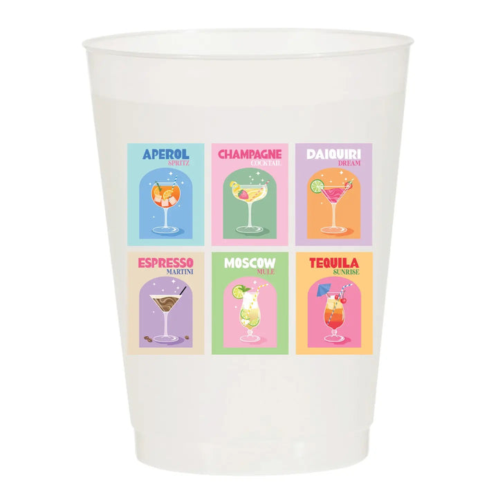 Set of six frosted Sip Sip Hooray home cups with a semi-transparent finish and simple design, perfect for casual gatherings.