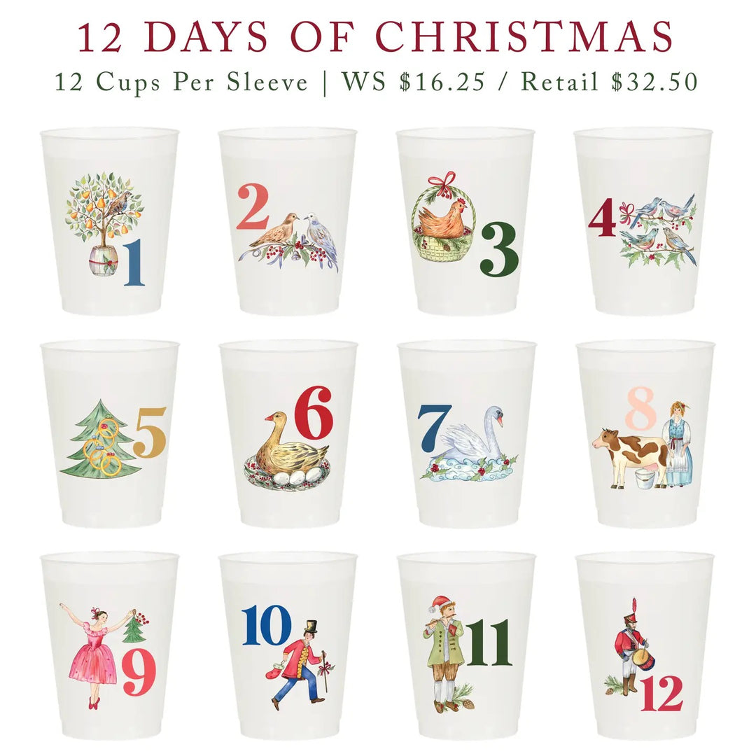 Set of 12 frosted Christmas cups from Sip Sip Hooray, featuring festive holiday designs for home entertaining.