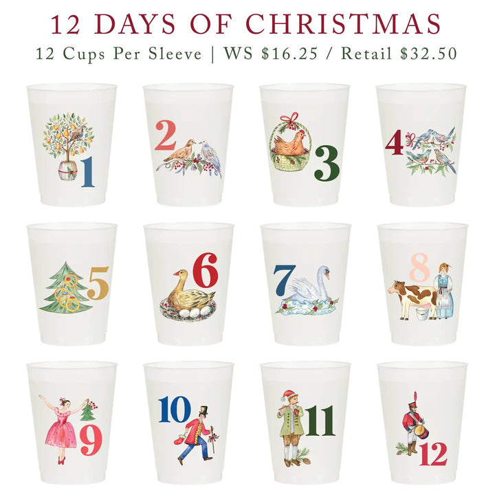 Set of 12 frosted Christmas cups from Sip Sip Hooray, featuring festive holiday designs for home entertaining.