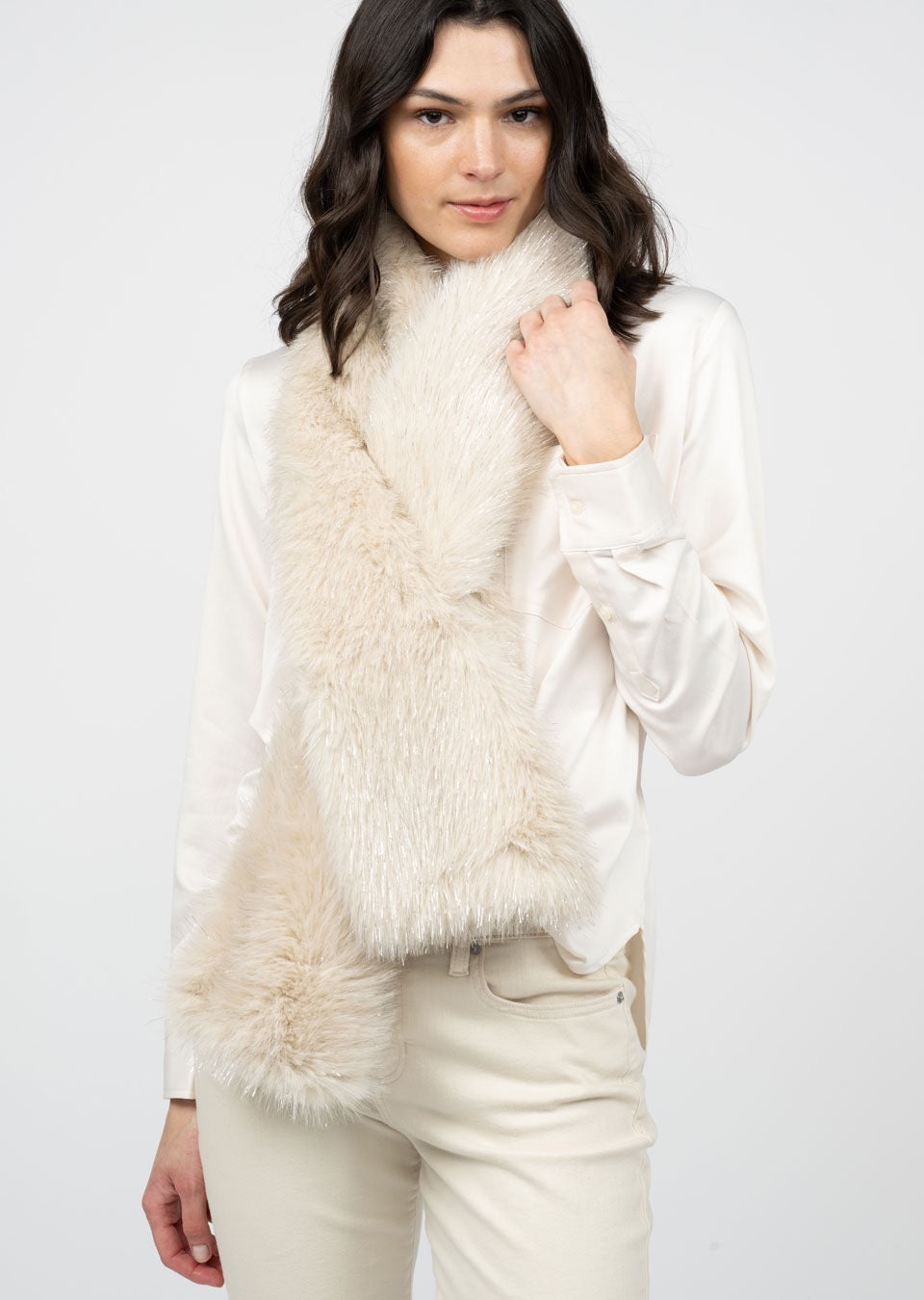 Sister Mary faux fur pull-through scarf in soft, plush texture, styled as a cozy winter accessory for cold weather.