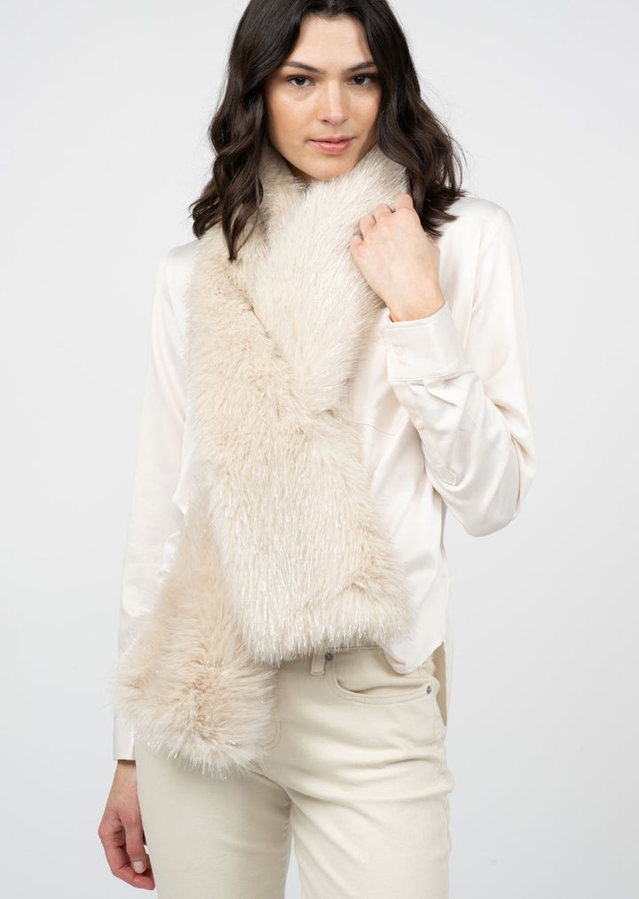 Sister Mary faux fur pull-through scarf in soft, plush texture, styled as a cozy winter accessory for cold weather.