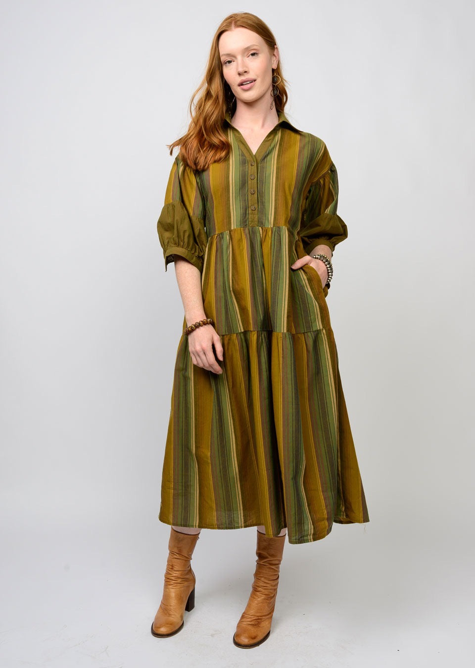 Sister Mary Fall Night Stripe Dress featuring long sleeves, autumn-inspired black and white striped pattern, casual and stylish.