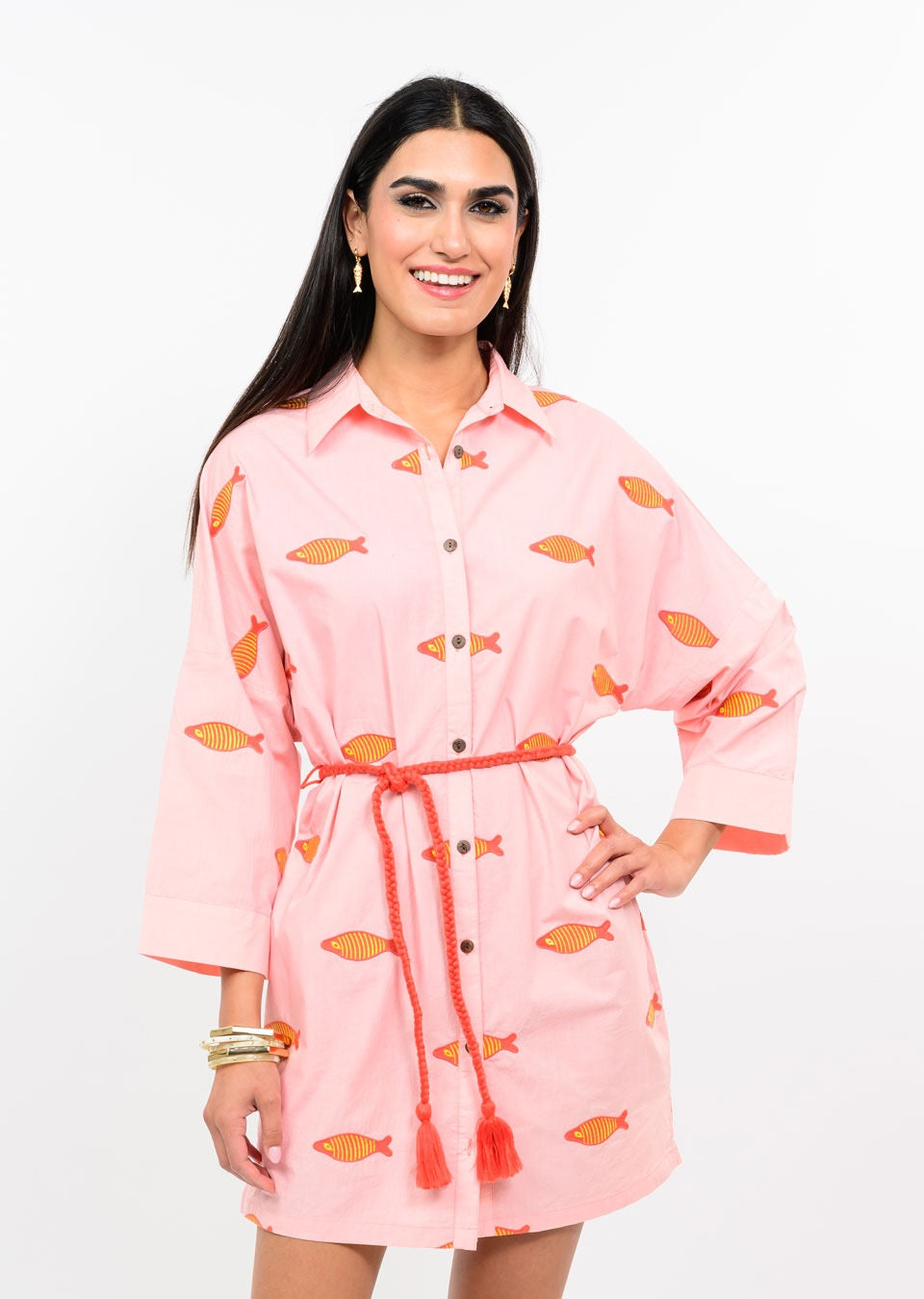 Sister Mary Fine Fish W/Tie Shirtdress in lightweight fabric with a classic collar, button-down front, and tie waist.