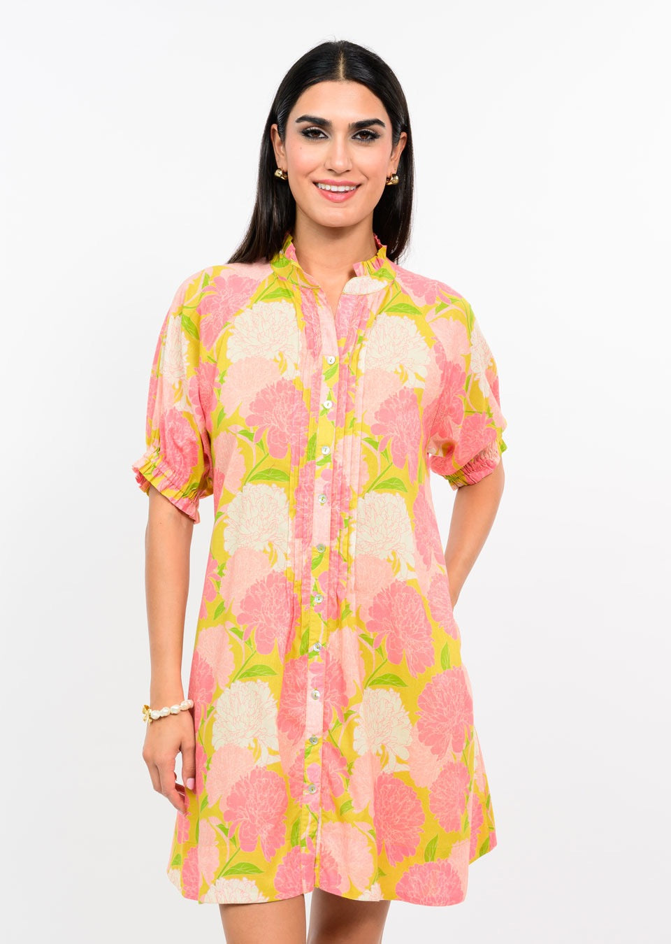 Sister Mary Fresh Mums floral dress featuring a colorful floral pattern and lightweight fabric, displayed on a hanger.