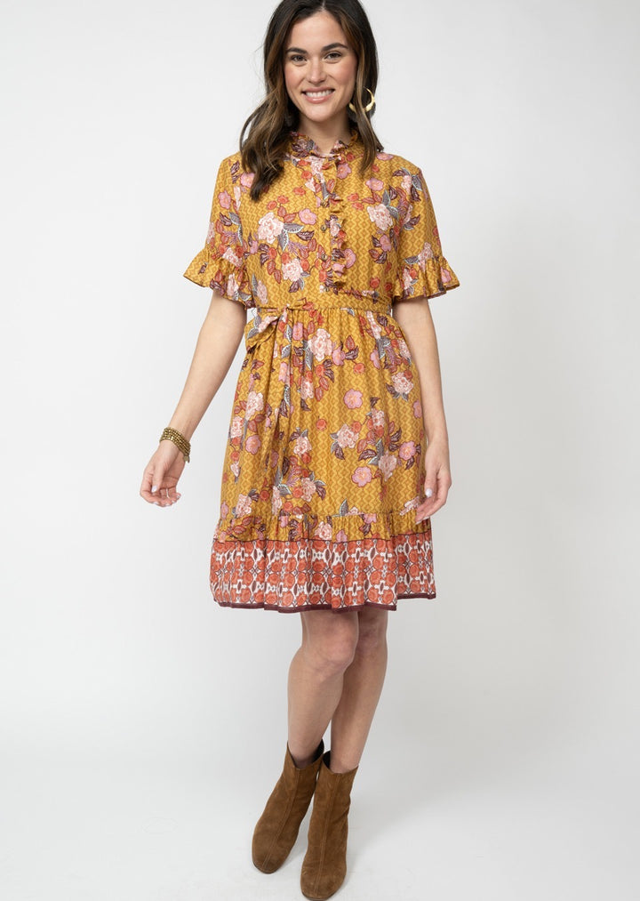 Sister Mary Garden Trellis Dress shown on a mannequin, featuring floral pattern and elegant design for garden or casual wear.