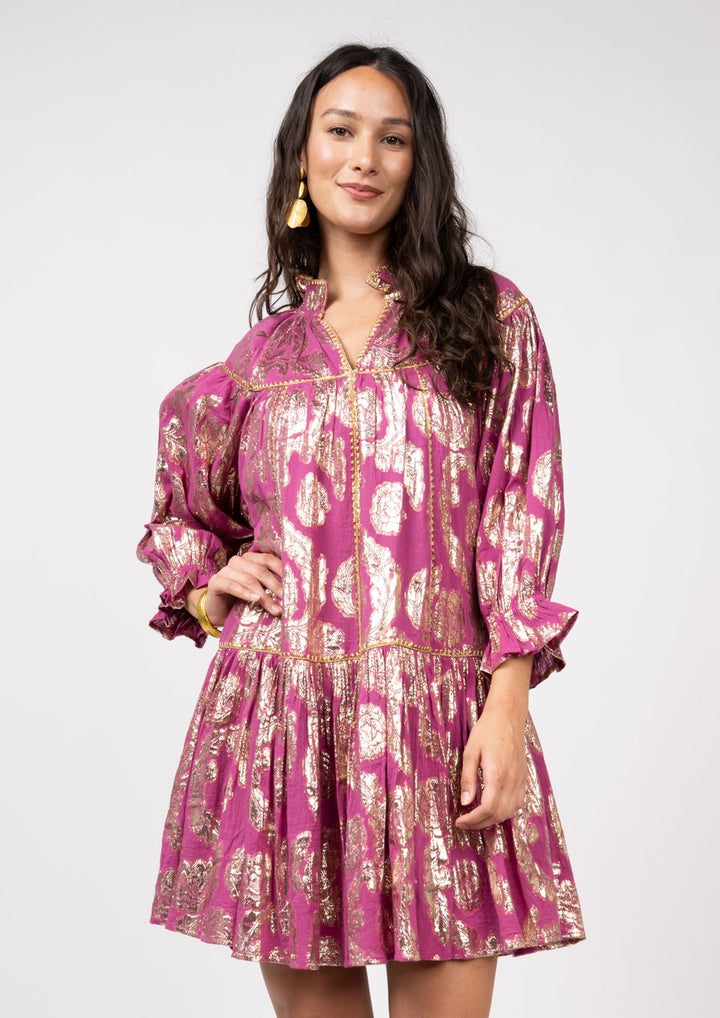Sister Mary metallic roses swing dress with a flowy silhouette and floral pattern, perfect for stylish occasions.