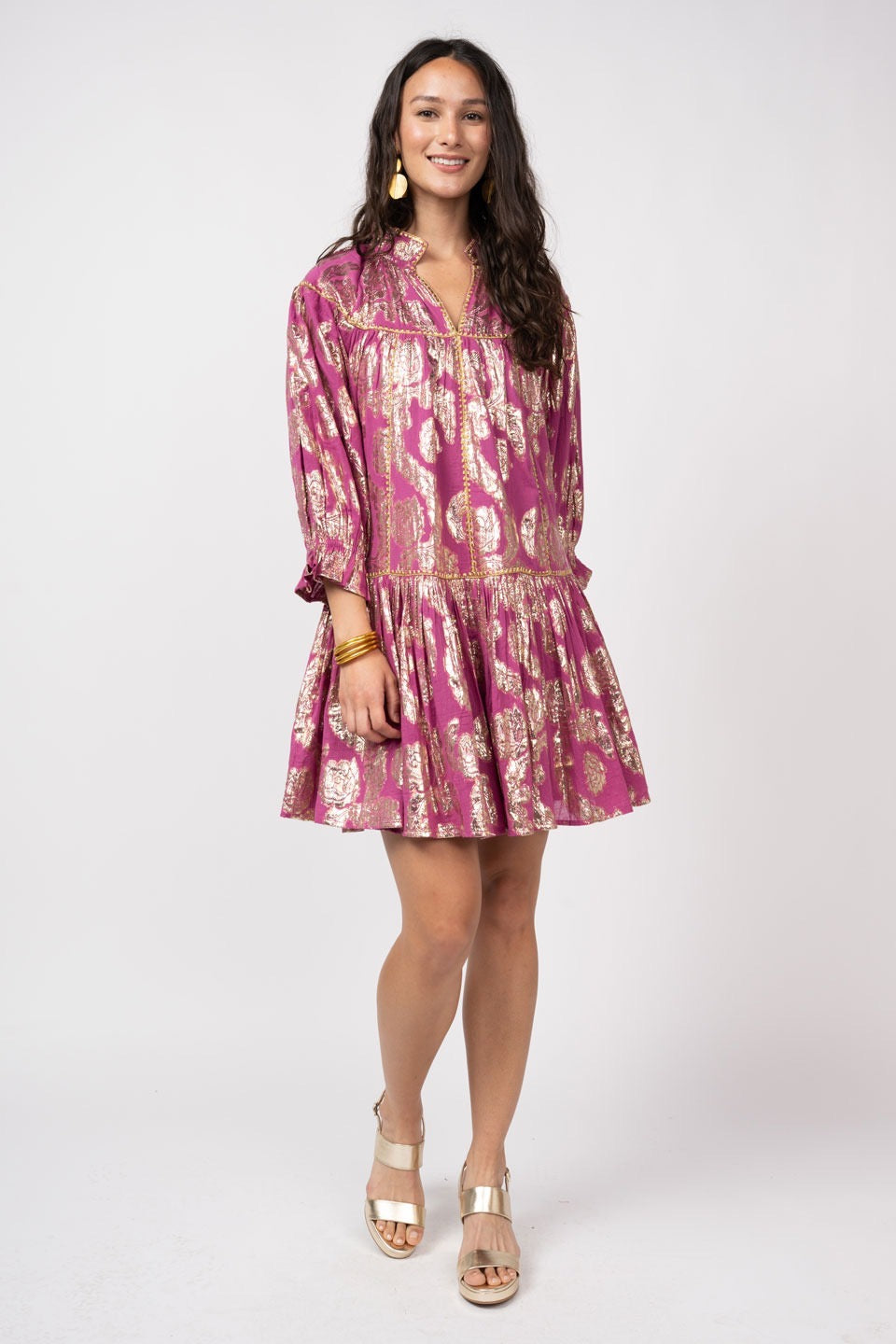 Sister Mary metallic roses swing dress with a flowy silhouette and floral rose pattern, perfect for stylish occasions.