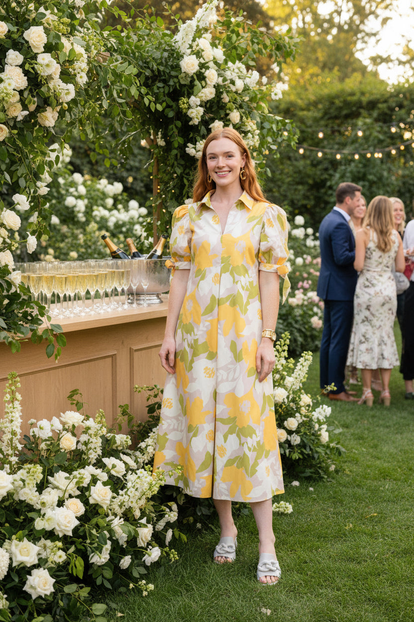 Yellow Big Blooms dress by Sister Mary featuring a vibrant floral pattern and flowing fabric, perfect for spring and summer wear.