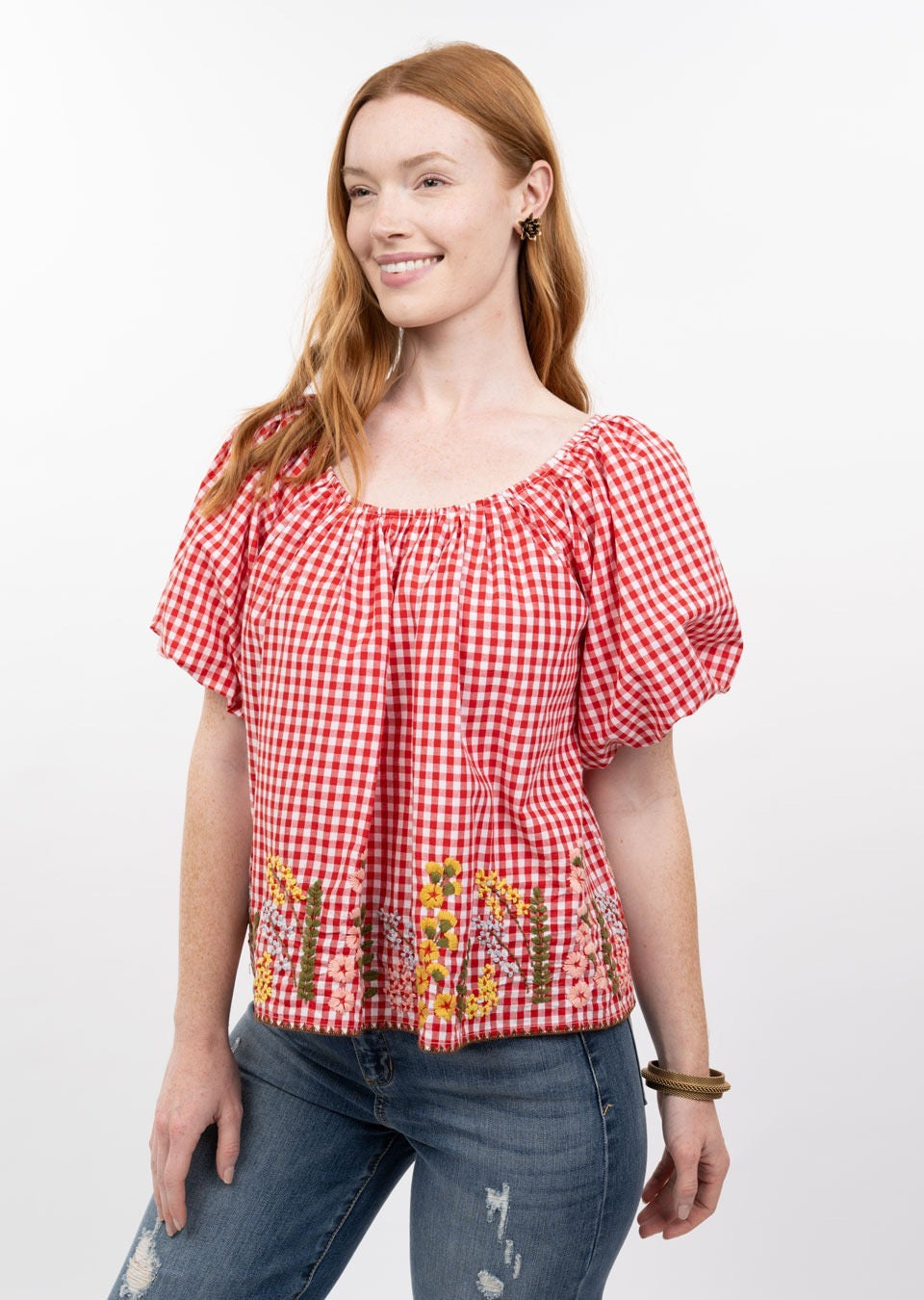 Sister Mary Gingham and floral print top featuring a relaxed fit and short sleeves, perfect for casual summer outfits.