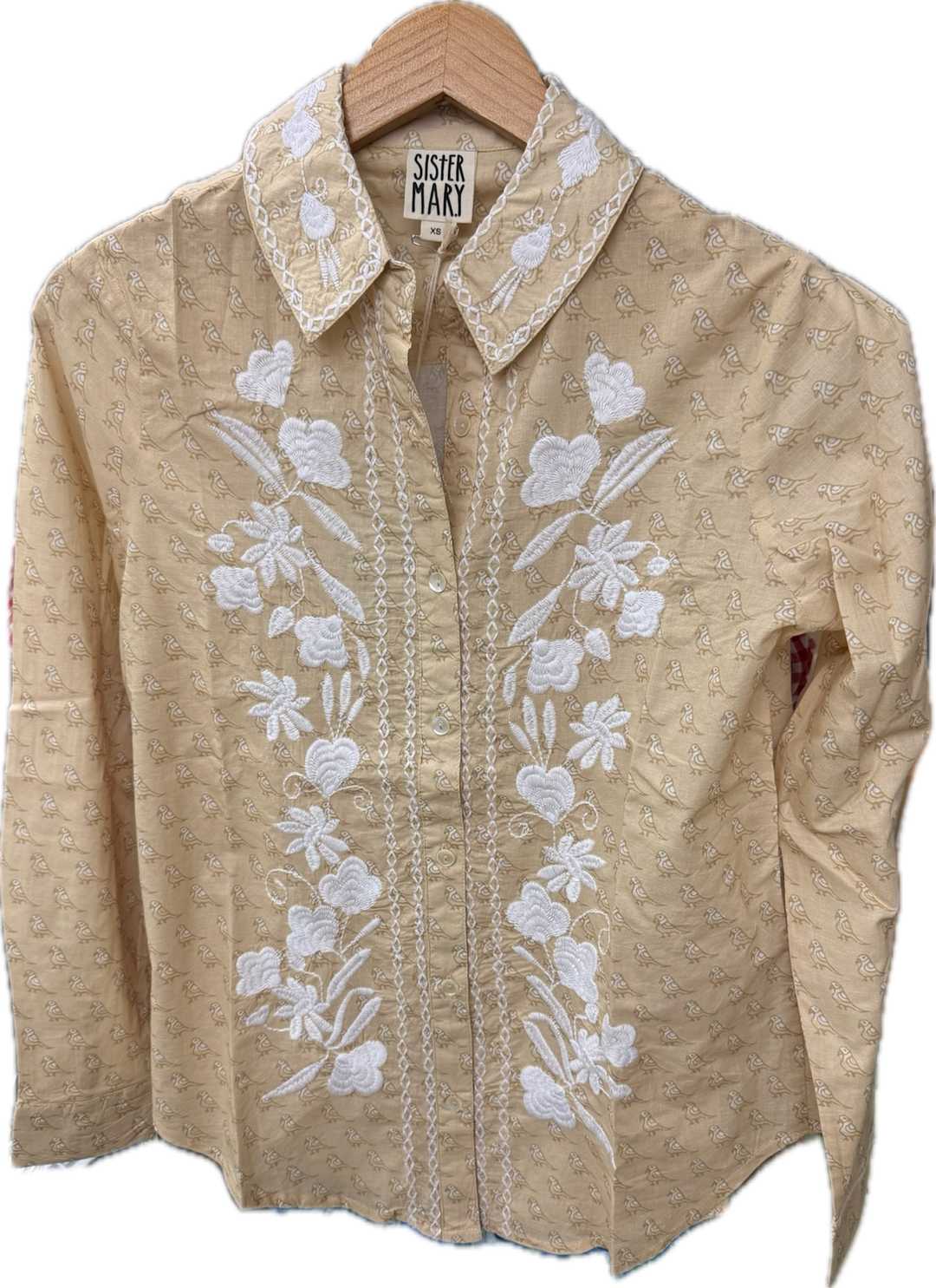 Sister Mary khaki and white Embr blouse, stylish top with a relaxed fit, detailed fabric, and casual-chic design.