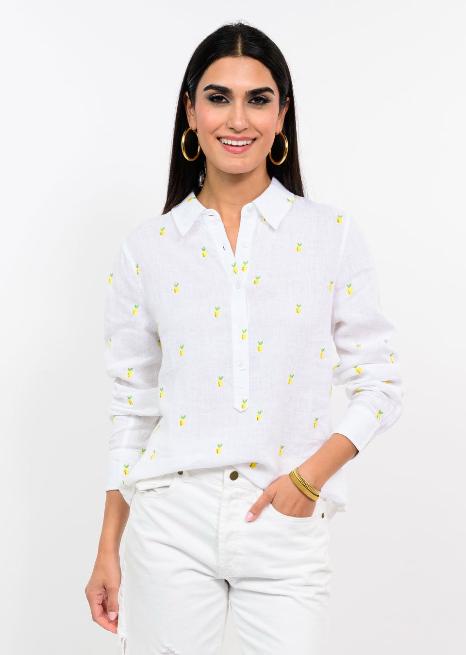 Lemon embroidered linen shirt by Sister Mary, lightweight tops with fresh lemon embroidery, casual and stylish for warm weather.