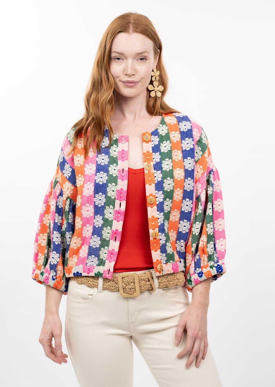 Daisy stripe Sister Mary jacket, stylish tops with bold floral pattern, lightweight fabric, front zipper, and long sleeves.