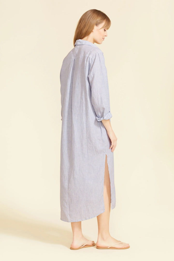 Sitano Ciao Blue Stripe Midi loungewear with blue and white striped fabric, comfortable and stylish for relaxing or casual wear.