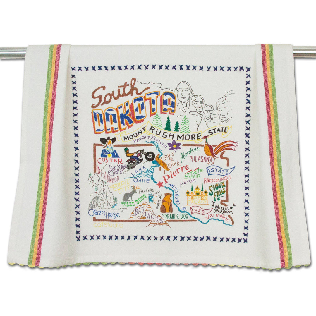 Catstudio South Dakota geography dish towel featuring colorful state map design for home kitchen decor
