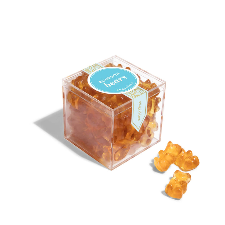 Small Bourbon Bears® gift box from Sugarfina featuring chewy caramel-filled bourbon gummy bears in a clear plastic container.
