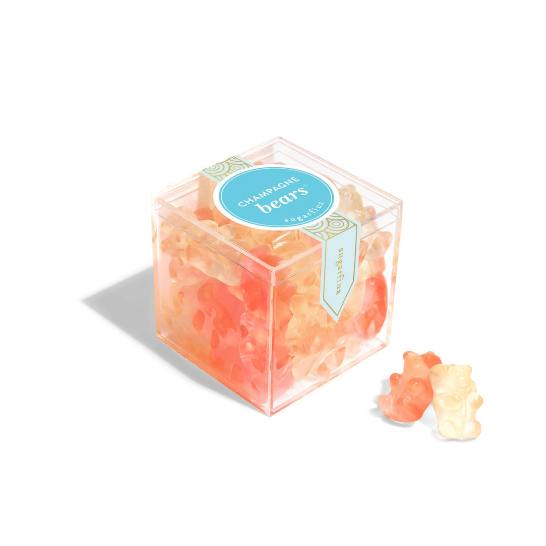 Small Champagne Bears® gift box by Sugarfina featuring colorful, jewel-like gummy bears in a clear box with a gold ribbon.