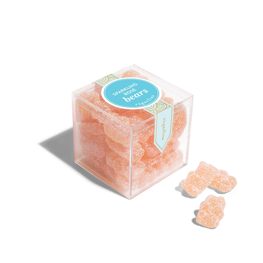 Small Sparkling Rosé Bears gift box by Sugarfina featuring sparkling rosé-flavored gummy bears in a decorative package.