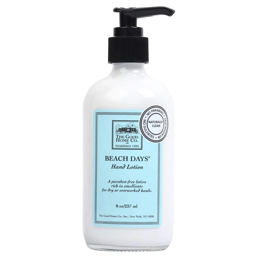 Good Home hand lotion bottle with pump dispenser, featuring a sleek design and label, for soft, moisturized hands.